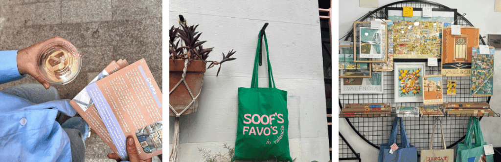 Afbeelding van de shoptour tas, kaarten en een bezochte winkel.